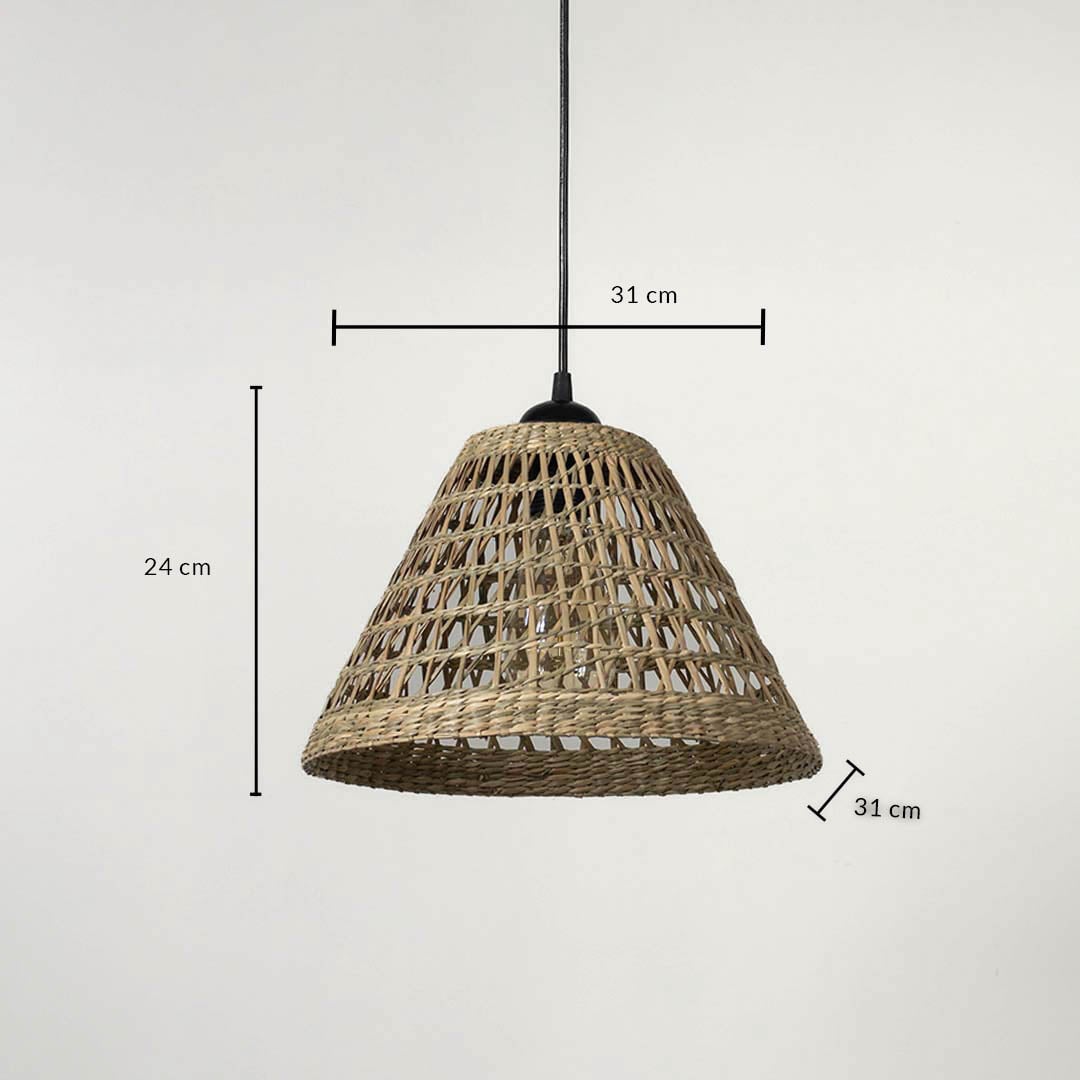 Rattan pendant light with conical woven shade displayed with 24 cm height and 31 cm width product dimensions.