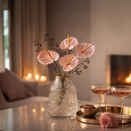 Clear glass decorative vase styled with dried flowers beside candlelight for elegant modern home decor settings.