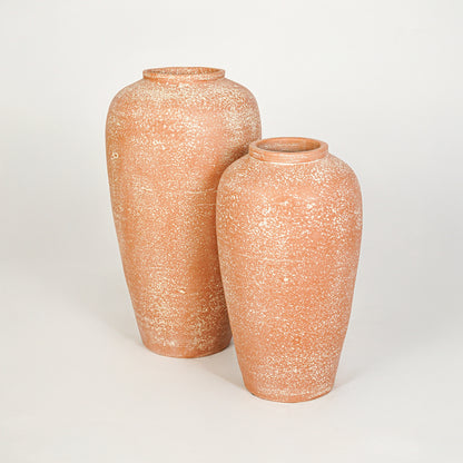 White background image of peach ceramic vase set for elegant floor decor styling with textured matte finish.