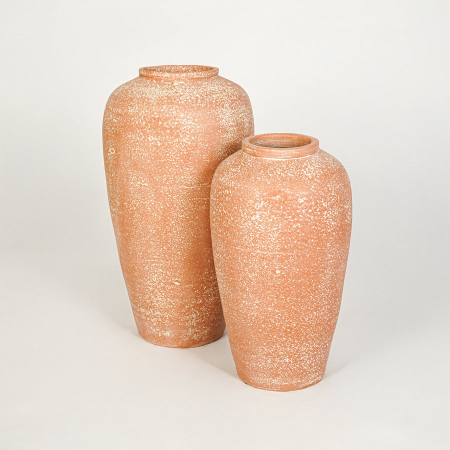 White background image of peach ceramic vase set for elegant floor decor styling with textured matte finish.