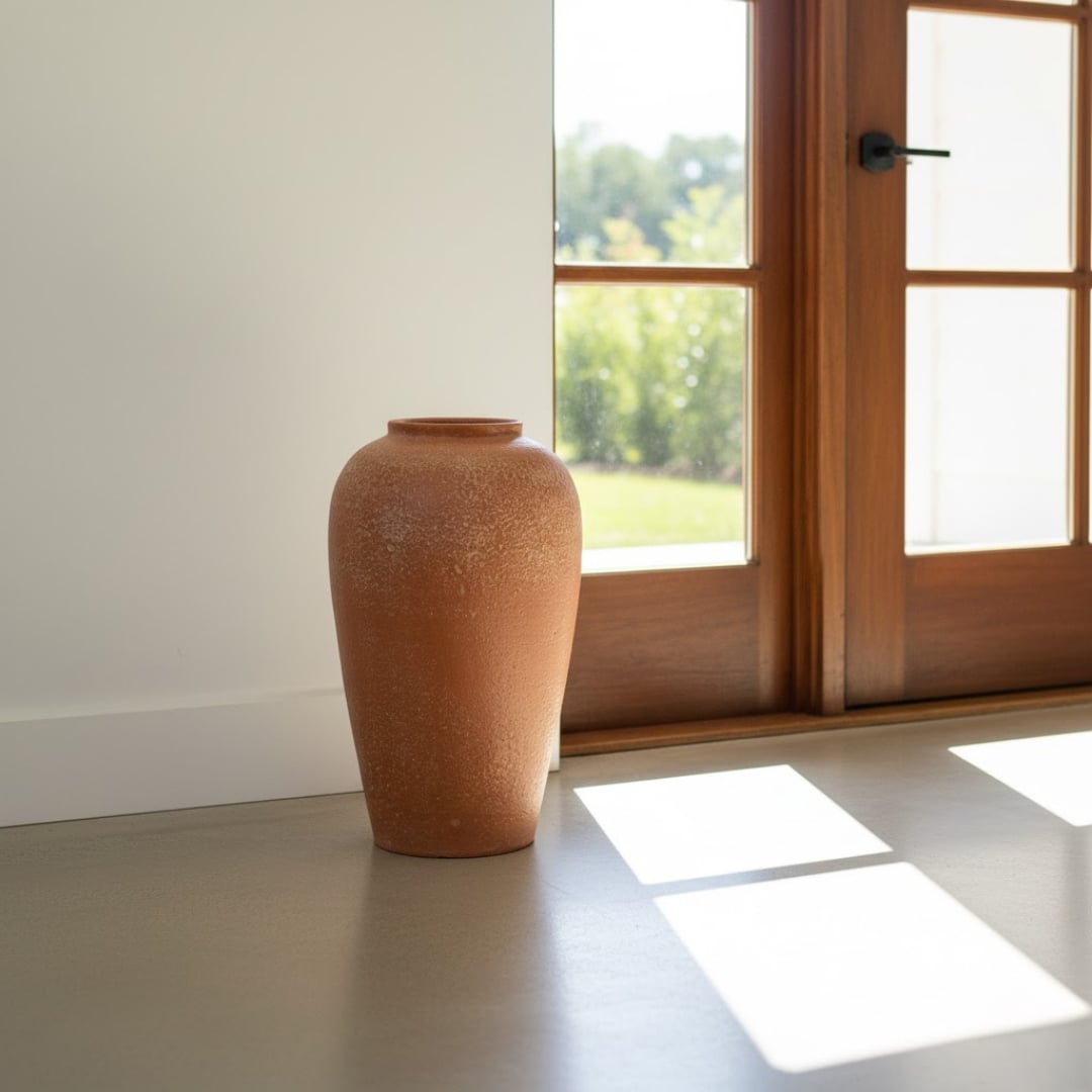 Terracotta textured floor vase placed near window for stylish contemporary home decor styling.
