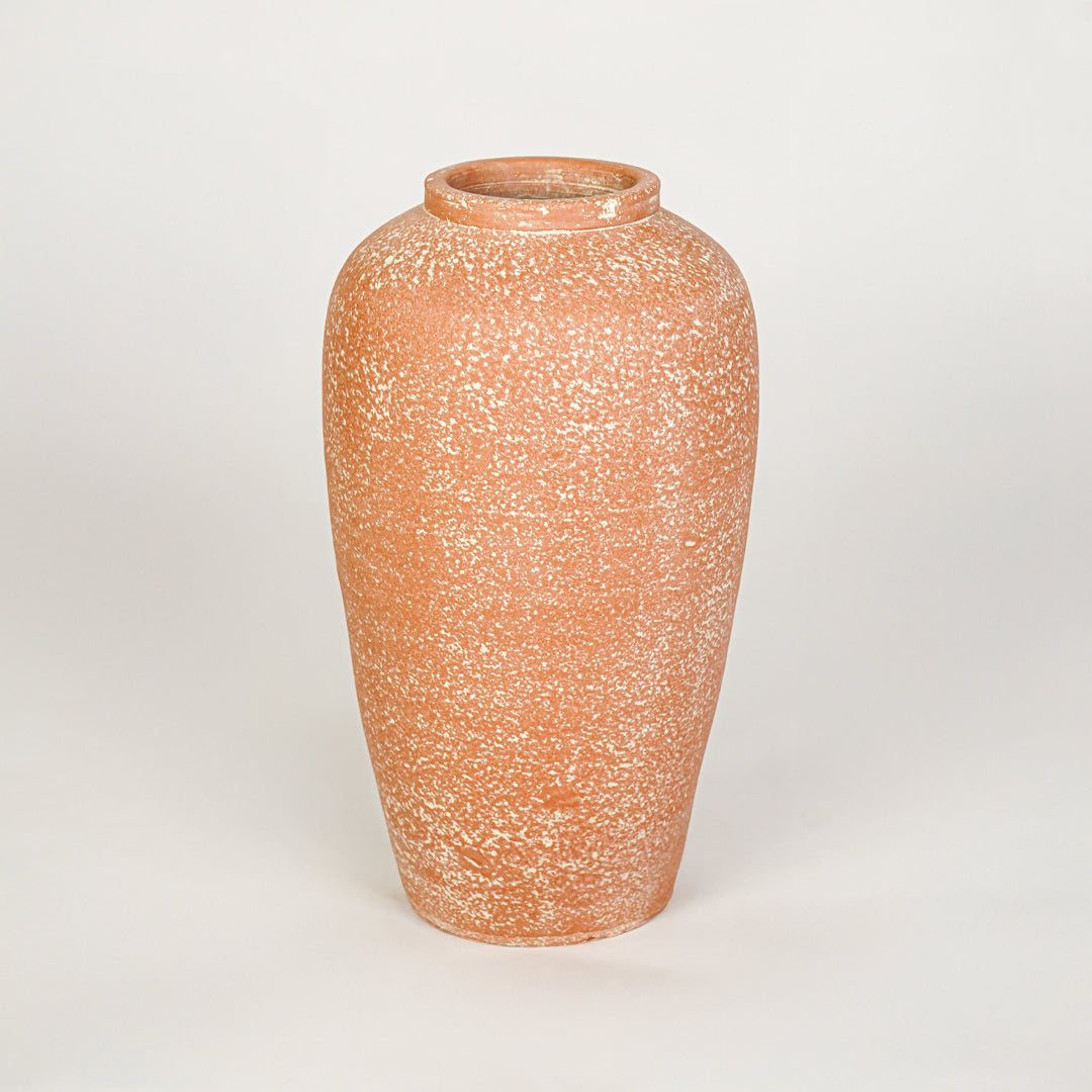 White background image of peach ceramic floor vase for elegant interior decor styling with rustic finish.
