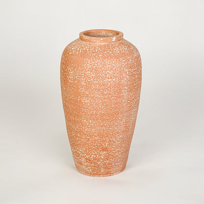White background image of peach ceramic floor vase for elegant interior decor styling with rustic finish.