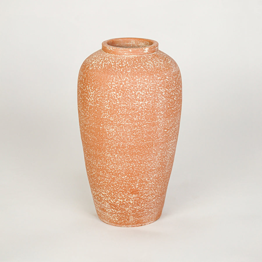 White background image of peach ceramic floor vase for elegant interior decor styling with rustic finish.