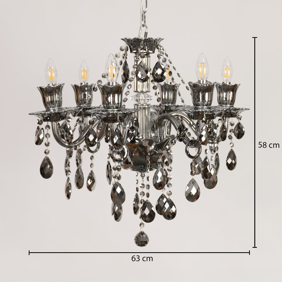 Black crystal chandelier sized 58 cm height and 63 cm width ideal for stylish living room or dining room ceiling lighting.