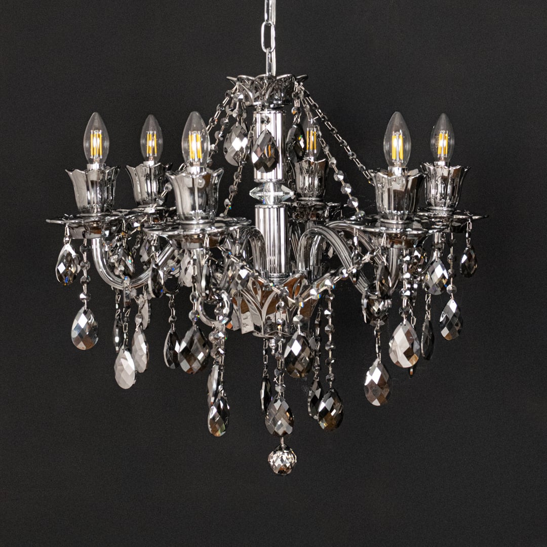 Black crystal chandelier shown on black background highlighting premium crystal detailing for elegant interiors.