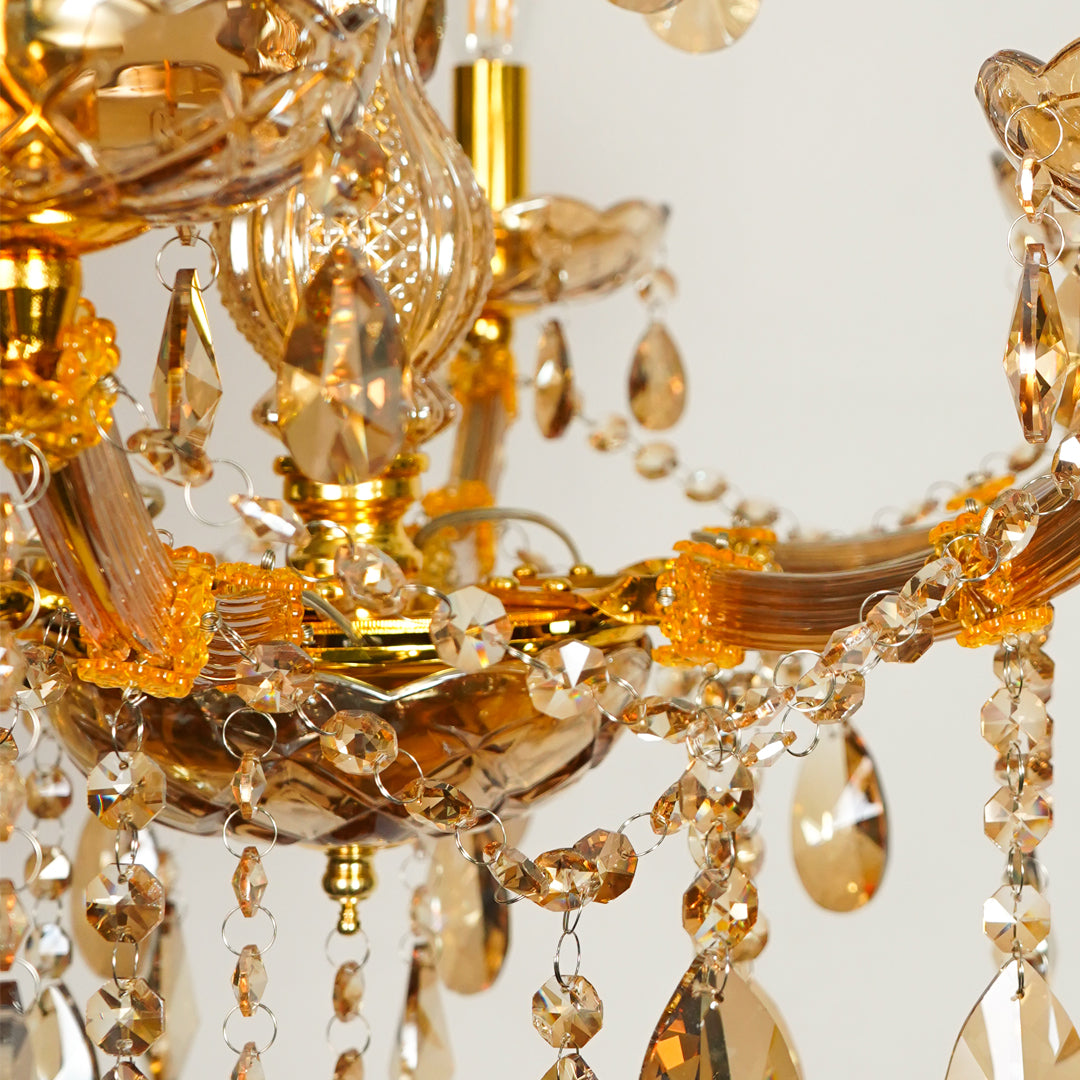 Closeup image of classic crystal chandelier for modern dining room decor styling with elegant crystal detailings.