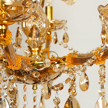 Closeup image of classic crystal chandelier for modern dining room decor styling with elegant crystal detailings.