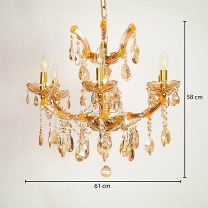 Dimension image of classic clear crystal chandelier for modern dining room decor styling with precise size measurements.