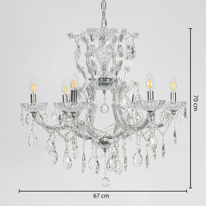 Chrome crystal chandelier measuring 67 cm wide and 70 cm tall with ornate glass arms and hanging drops for living room lighting.