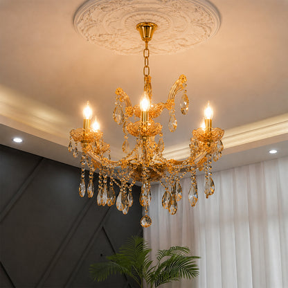 Lifestyle image of classic crystal chandelier for luxury living room decor styling with beautiful crystal detailing.