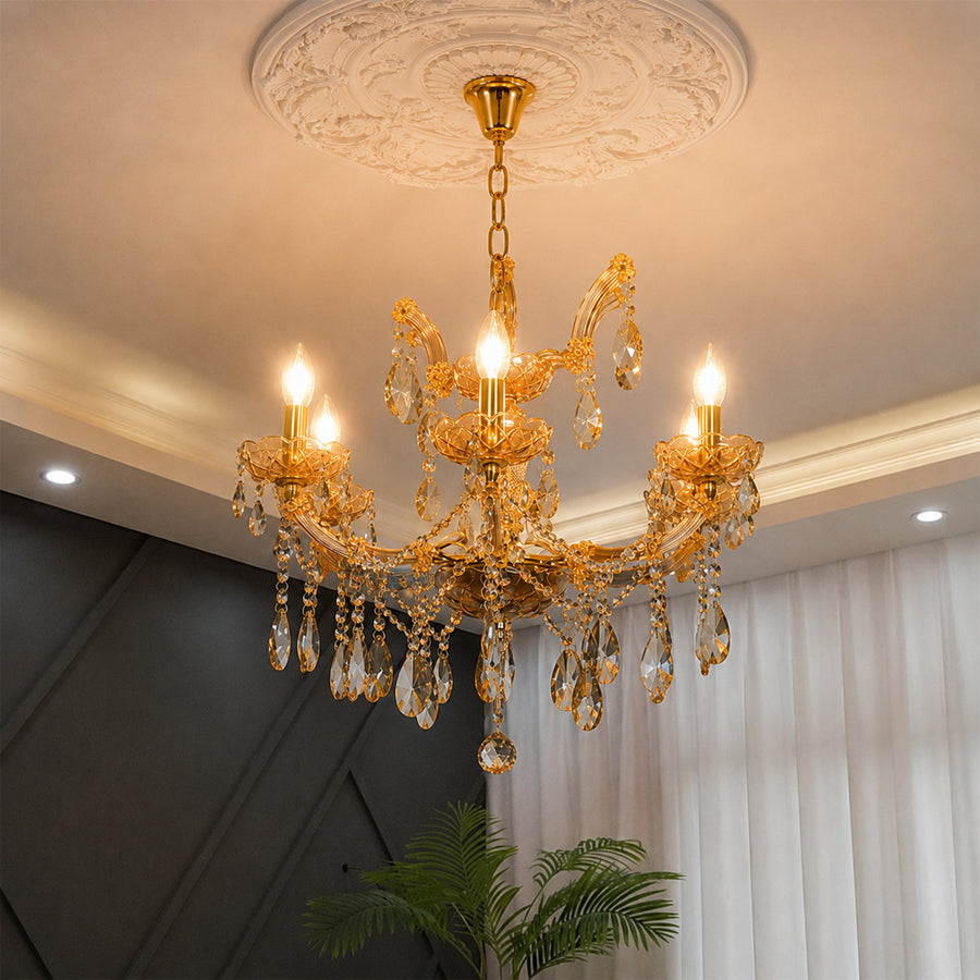 Lifestyle image of classic crystal chandelier for luxury living room decor styling with beautiful crystal detailing.