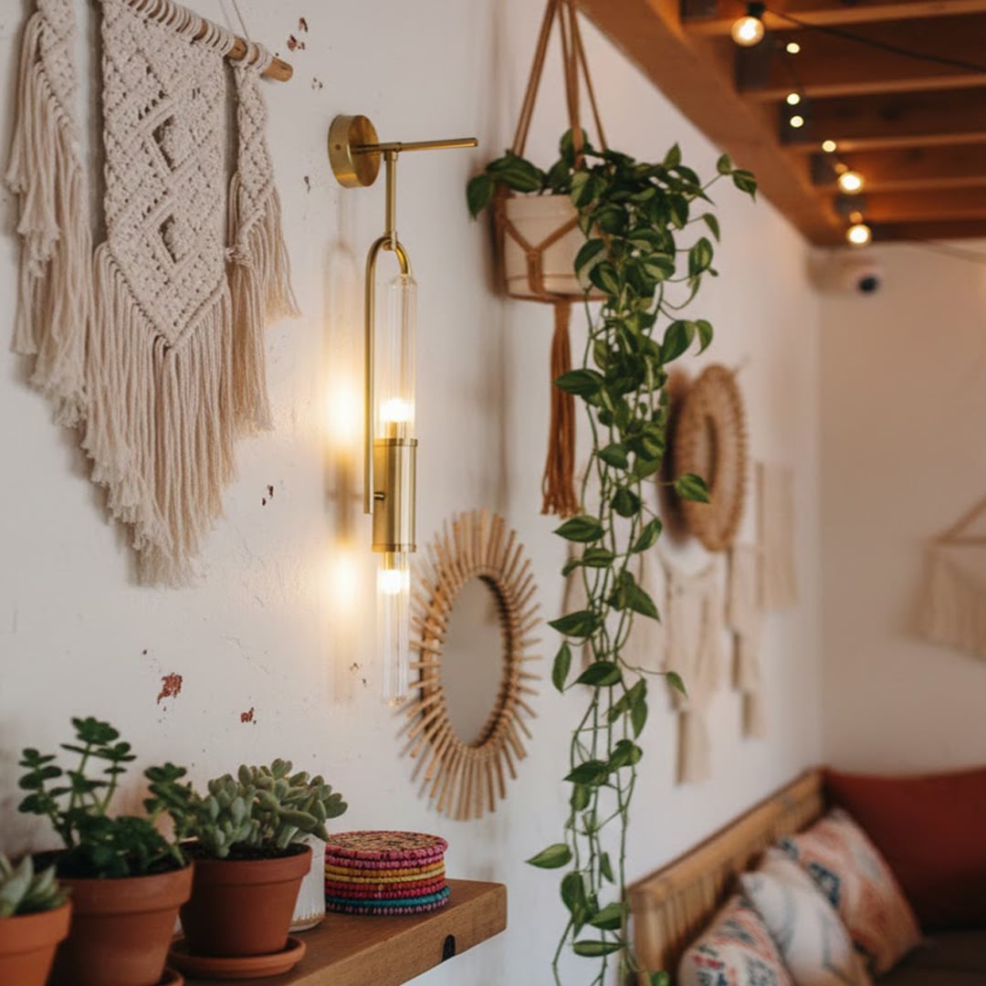 Gold metal wall light lifestyle image with frosted globe shade for elegant bohemian interior decor.