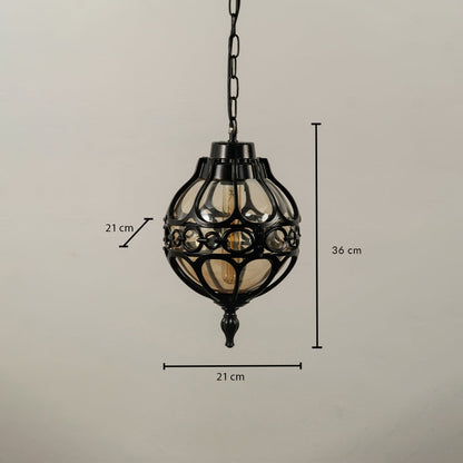 Technical diagram of round outdoor pendant light showing height 36 cm and width 21 cm with chain length reference.
