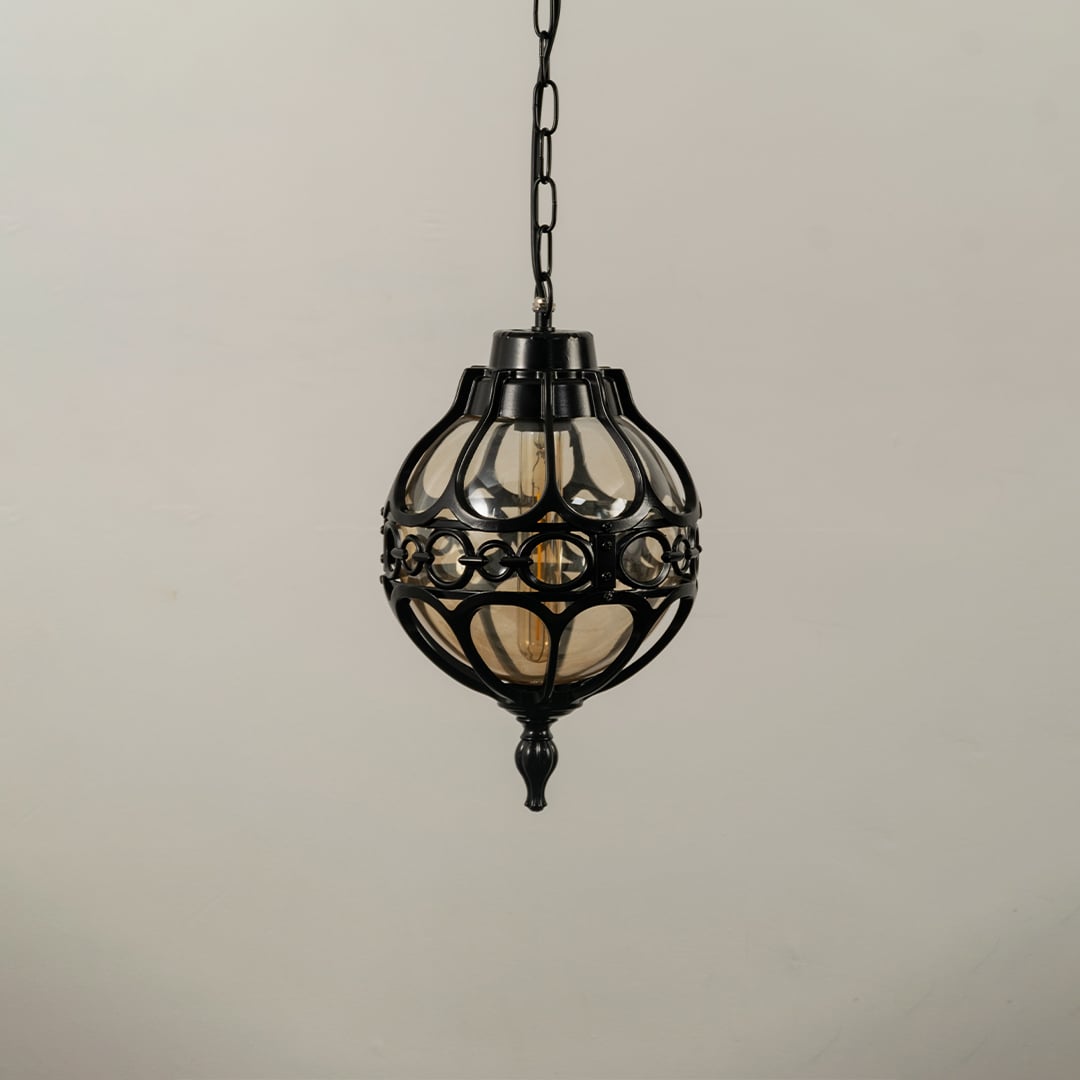 Unlit black metal globe hanging light fixture with decorative circular pattern cage isolated against a plain white background.