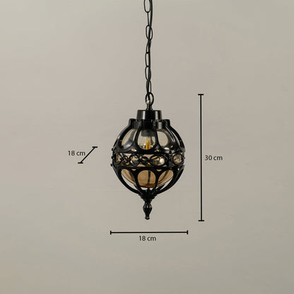 Technical diagram of round outdoor pendant light showing height 30 cm and width 18 cm with chain length reference.