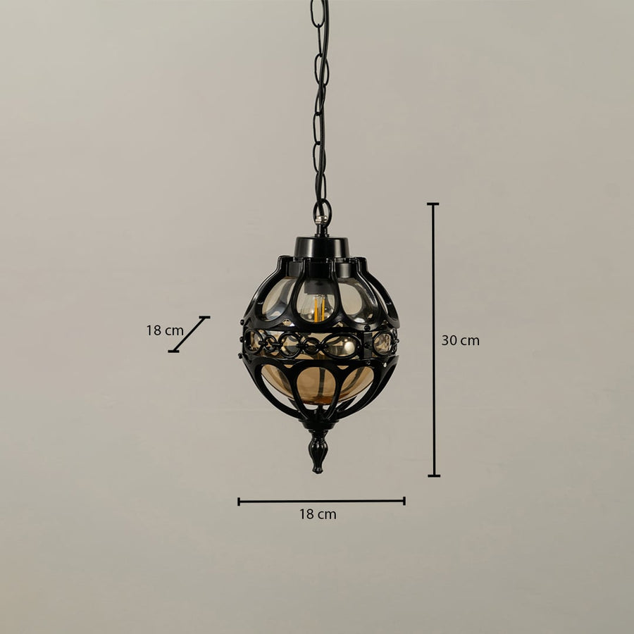 Technical diagram of round outdoor pendant light showing height 30 cm and width 18 cm with chain length reference.