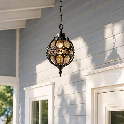 Traditional black iron globe hanging lantern light with filigree pattern for villa porch entry siding exterior decoration.