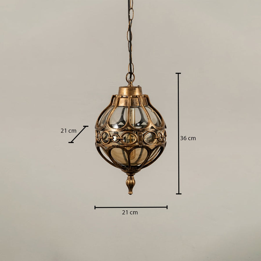 Technical diagram of round outdoor pendant light showing height 36 cm and width 21 cm with chain length reference.