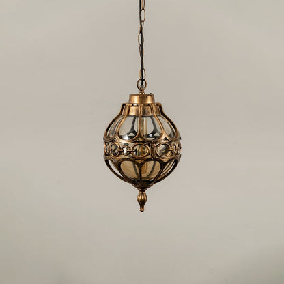Unlit black metal globe hanging light fixture with decorative circular pattern cage isolated against a plain white background.