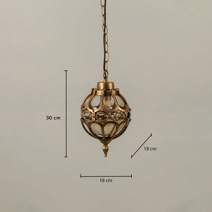 Technical diagram of round outdoor pendant light showing height 30 cm and width 18 cm with chain length reference.