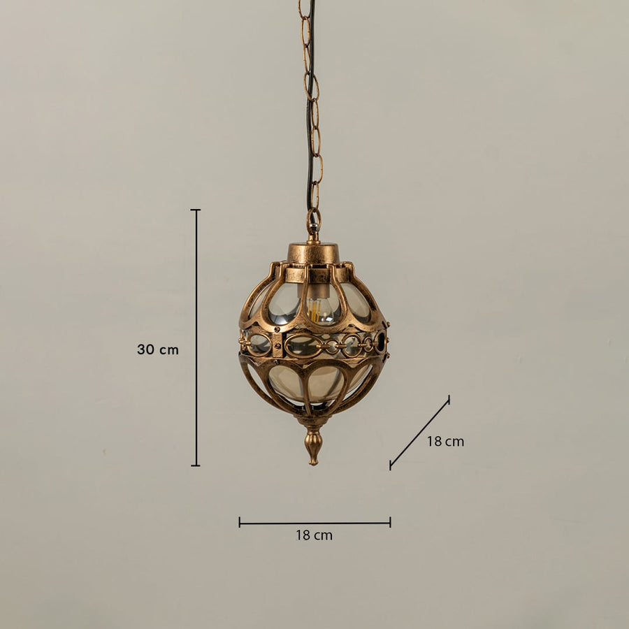 Technical diagram of round outdoor pendant light showing height 30 cm and width 18 cm with chain length reference.