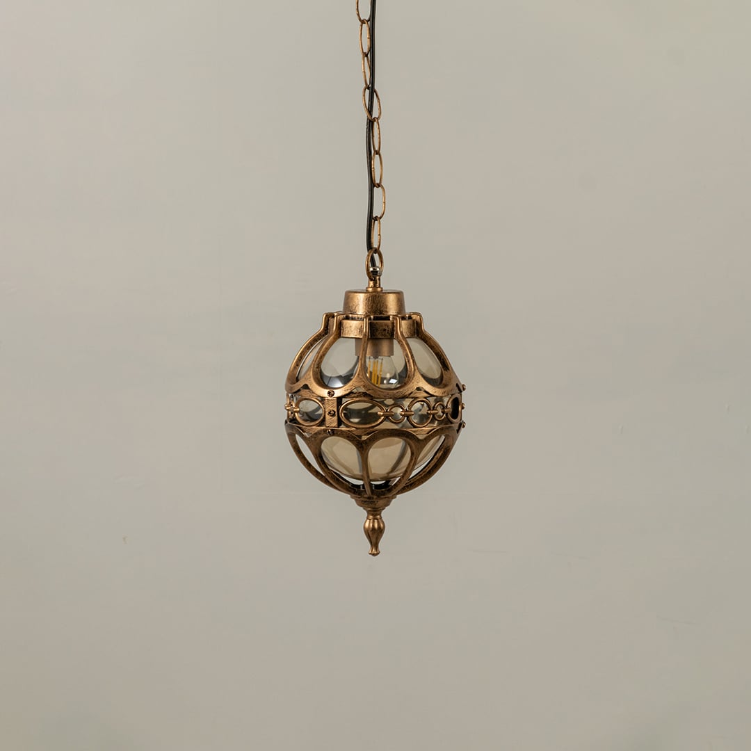 Unlit black metal globe hanging light fixture with decorative circular pattern cage isolated against a plain white background.