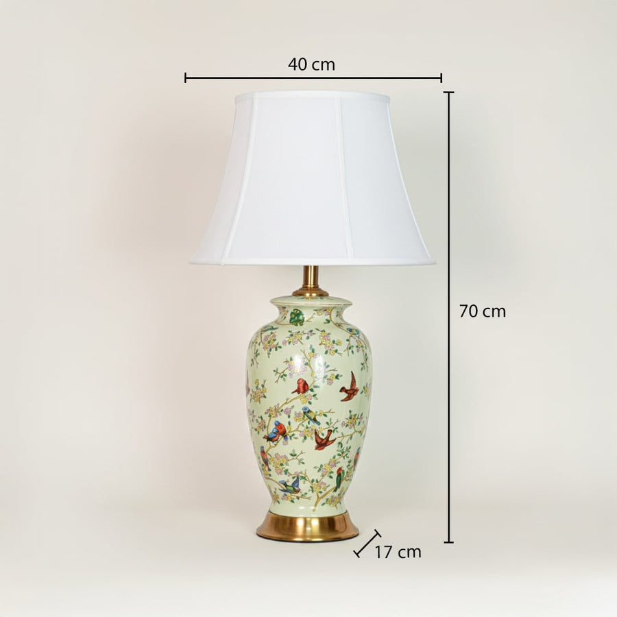 Green ceramic table lamp showing 70 cm height 40 cm shade width and 17 cm base size suitable for bedside or console use.