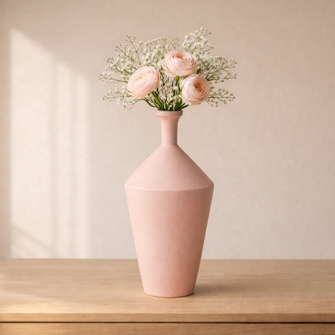 Pink ceramic flower vase placed on wooden table with flowers modern decorative vase for living room home decor styling.