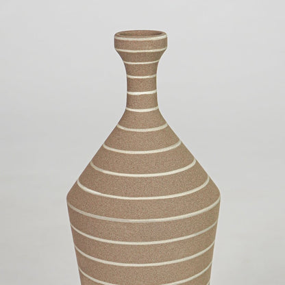 Closeup brown striped ceramic vase texture detail modern decorative flower vase for table shelf console decor.