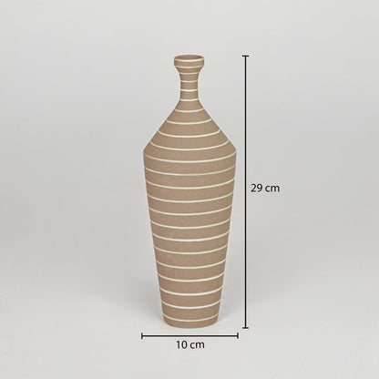 Brown ceramic decorative vase size 29 cm height 11 cm length modern striped flower vase dimension reference image.