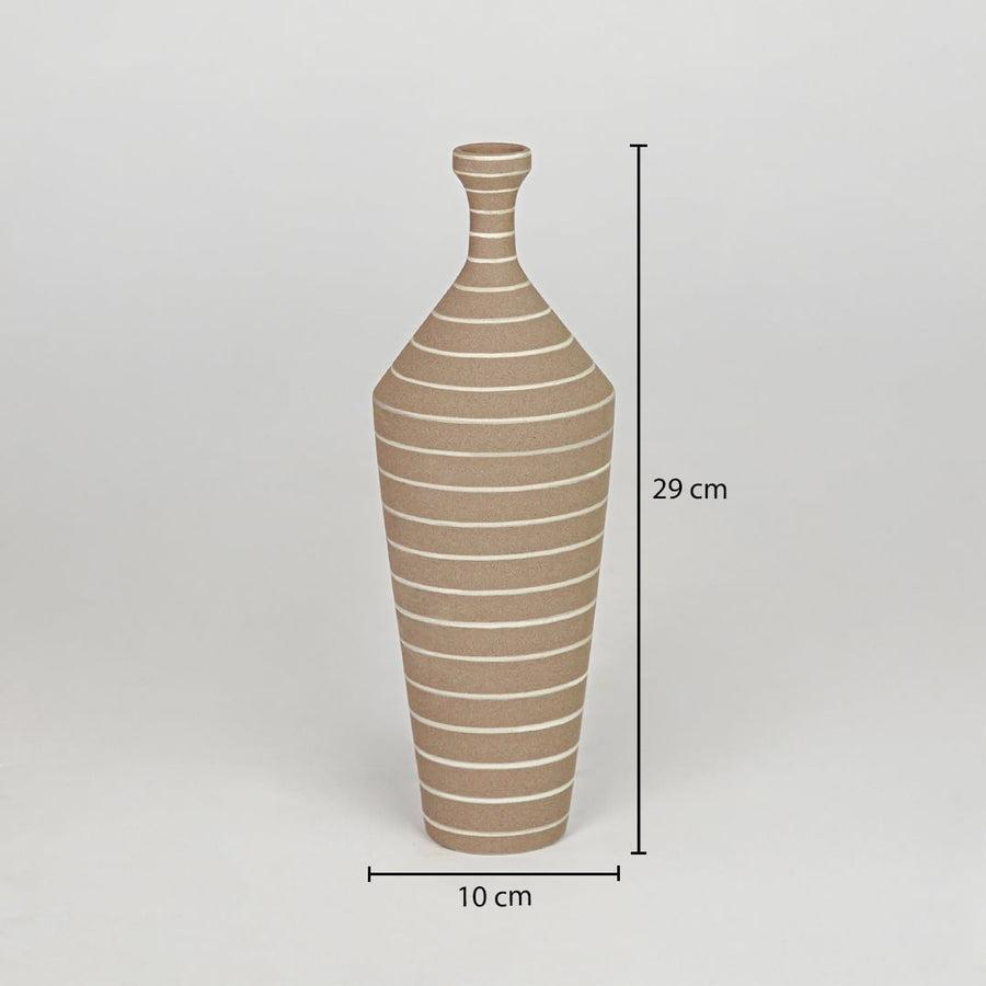 Brown ceramic decorative vase size 29 cm height 11 cm length modern striped flower vase dimension reference image.