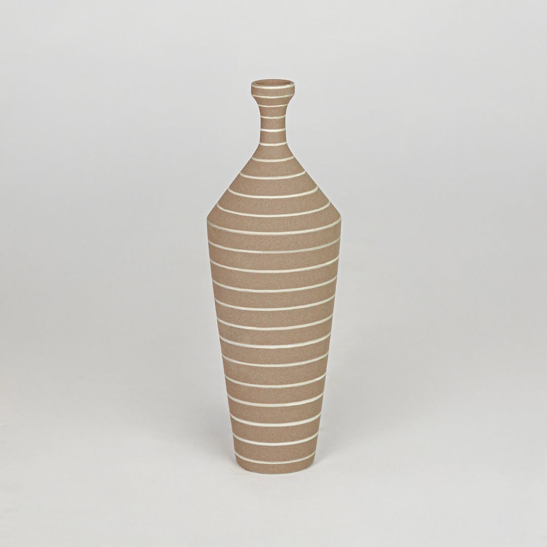 Serra Striped Bottleneck Ceramic Vase - Brown
