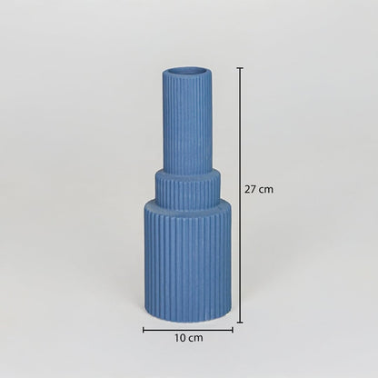 Blue ceramic decorative vase size 27 cm height 10 cm length modern ribbed flower vase dimension reference image.