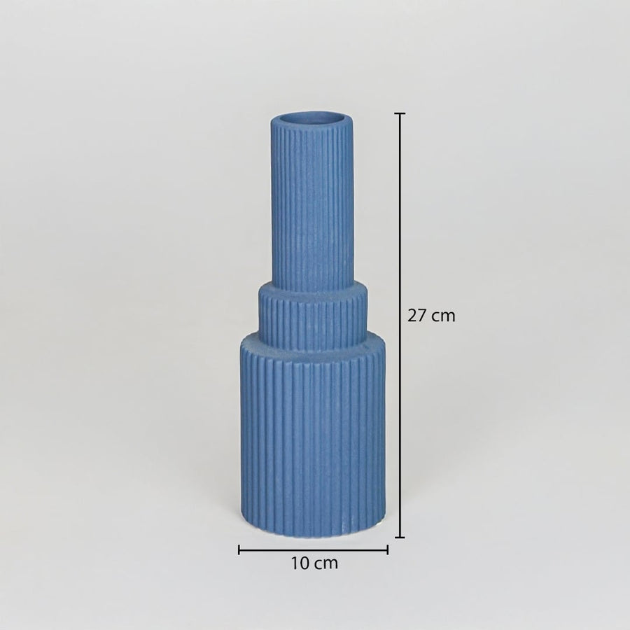 Blue ceramic decorative vase size 27 cm height 10 cm length modern ribbed flower vase dimension reference image.