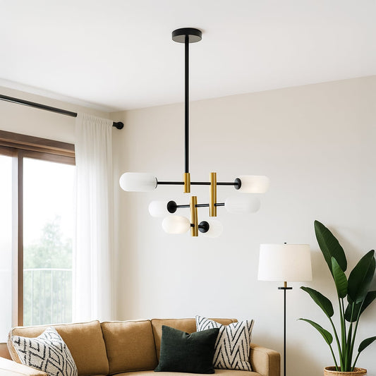 Contemporary chandelier with black frame and gold accents styled in luxury interiors adding soft light and modern decorative charm.