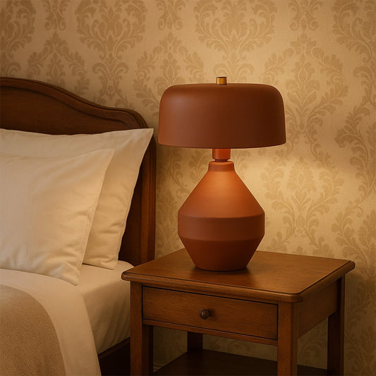 Brown shade metal table lamp on wooden bedside table with light on for warm rustic bedroom décor.