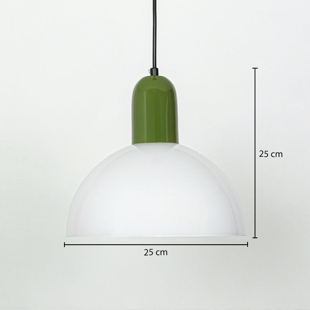 Pendant light with white dome shade and green metal top sized 25 cm height and 25 cm width ideal for kitchen or dining decor.