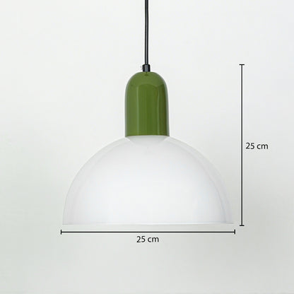 Pendant light with white dome shade and green metal top sized 25 cm height and 25 cm width ideal for kitchen or dining decor.