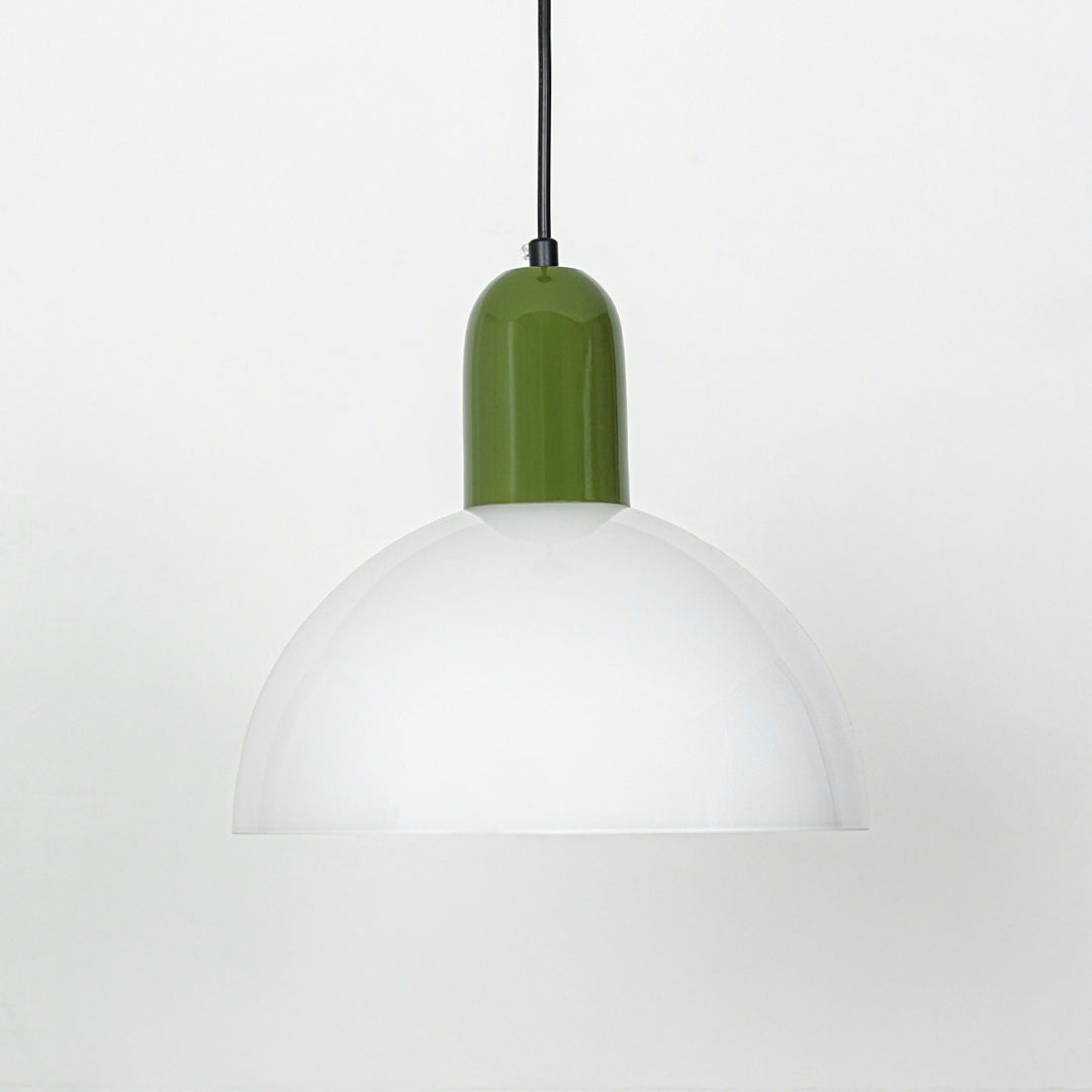 Modern pendant light with white dome shade and green top perfect for kitchen island or dining space decor on clean background.