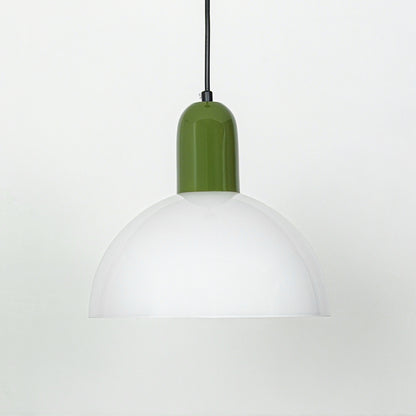 Modern pendant light with white dome shade and green top perfect for kitchen island or dining space decor on clean background.