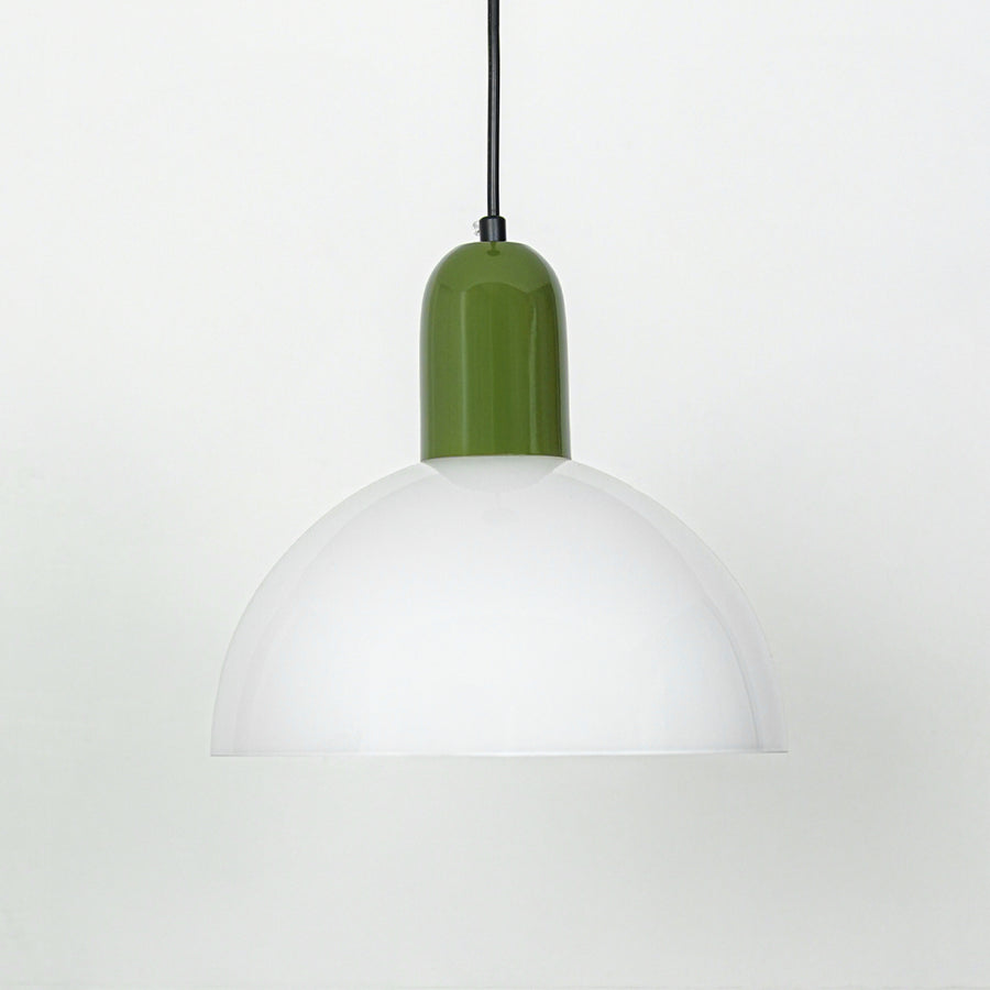 Modern pendant light with white dome shade and green top perfect for kitchen island or dining space decor on clean background.