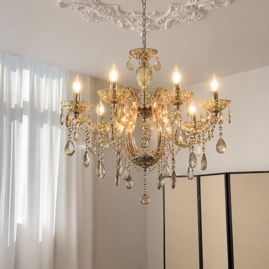 Lifestyle image of six light chrome crystal chandelier for luxury ceiling decor styling with a modern elegant finish.