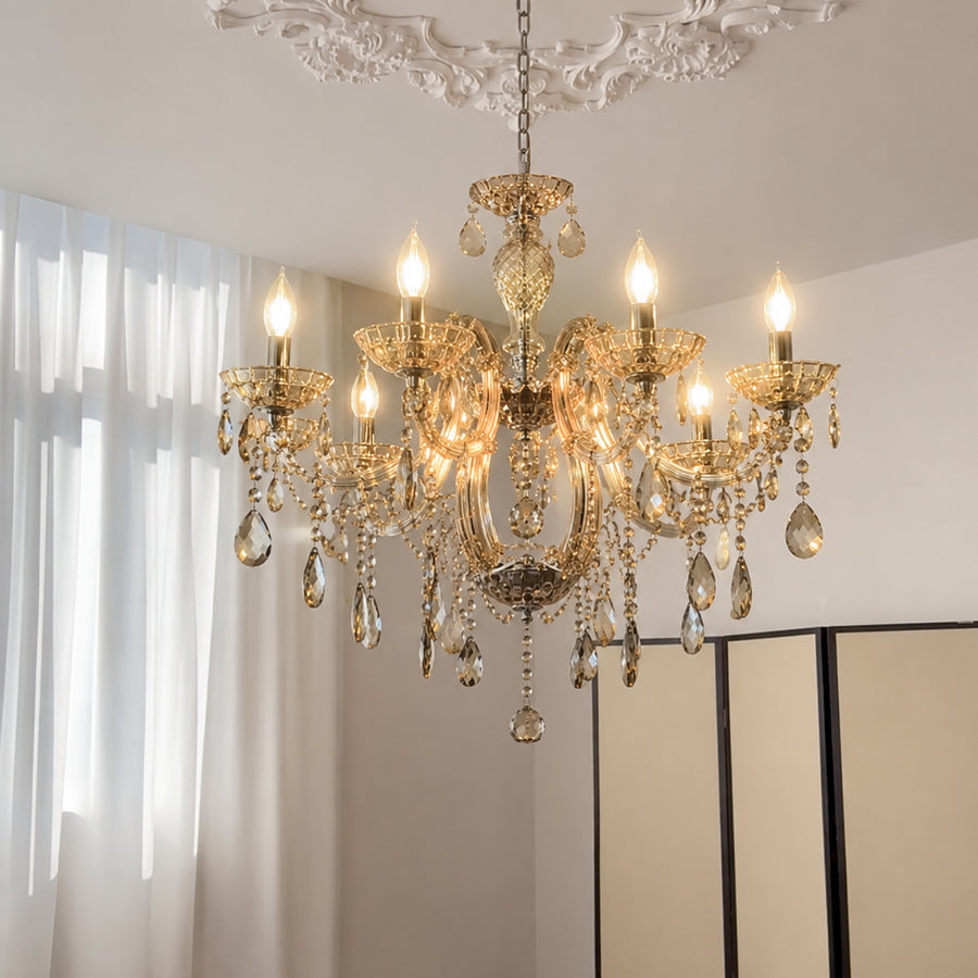 Lifestyle image of six light chrome crystal chandelier for luxury ceiling decor styling with a modern elegant finish.