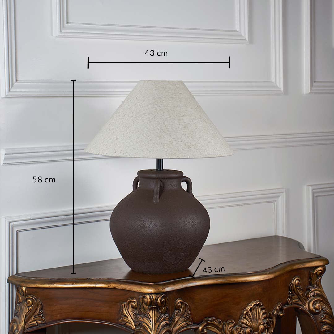 Brown ceramic table lamp with beige linen shade dimensions height 58 cm width 43 cm base 43 cm for living room table lamp.