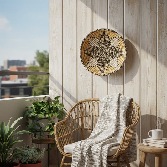 silas handwoven sabai grass hanging wall basket yellow black main lifestyle