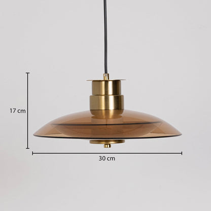 Amber glass and gold metal pendant light dimension image with 30 cm width and 17 cm height for modern dining placement.
