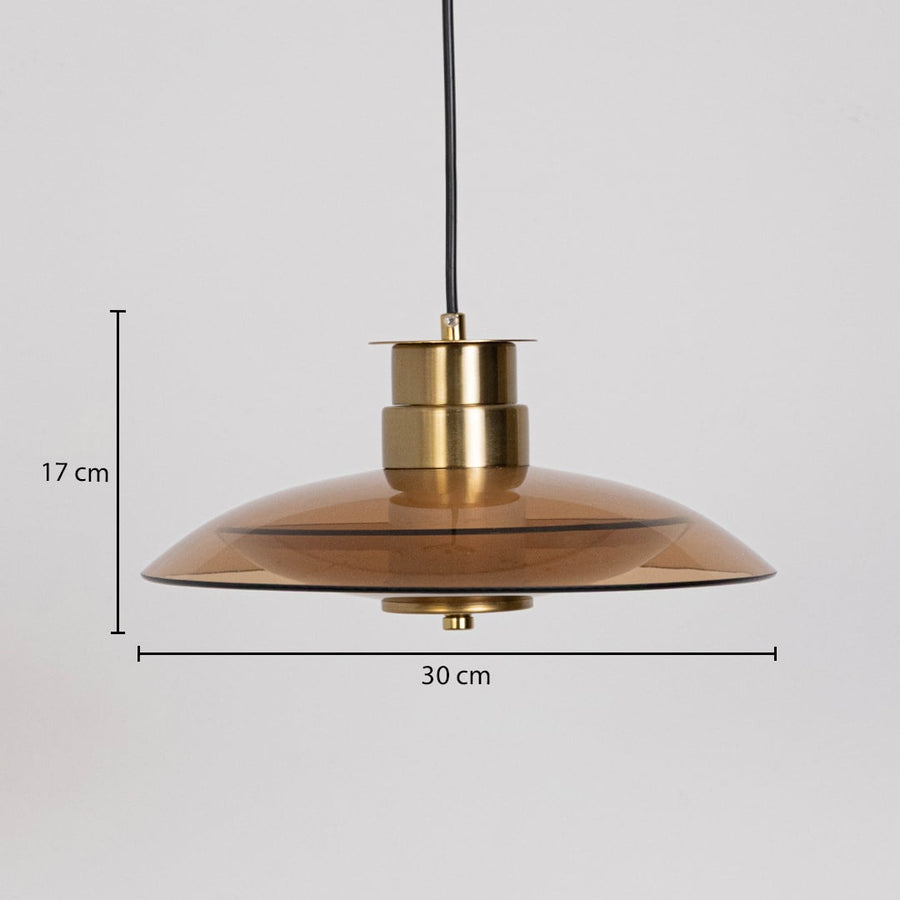 Amber glass and gold metal pendant light dimension image with 30 cm width and 17 cm height for modern dining placement.