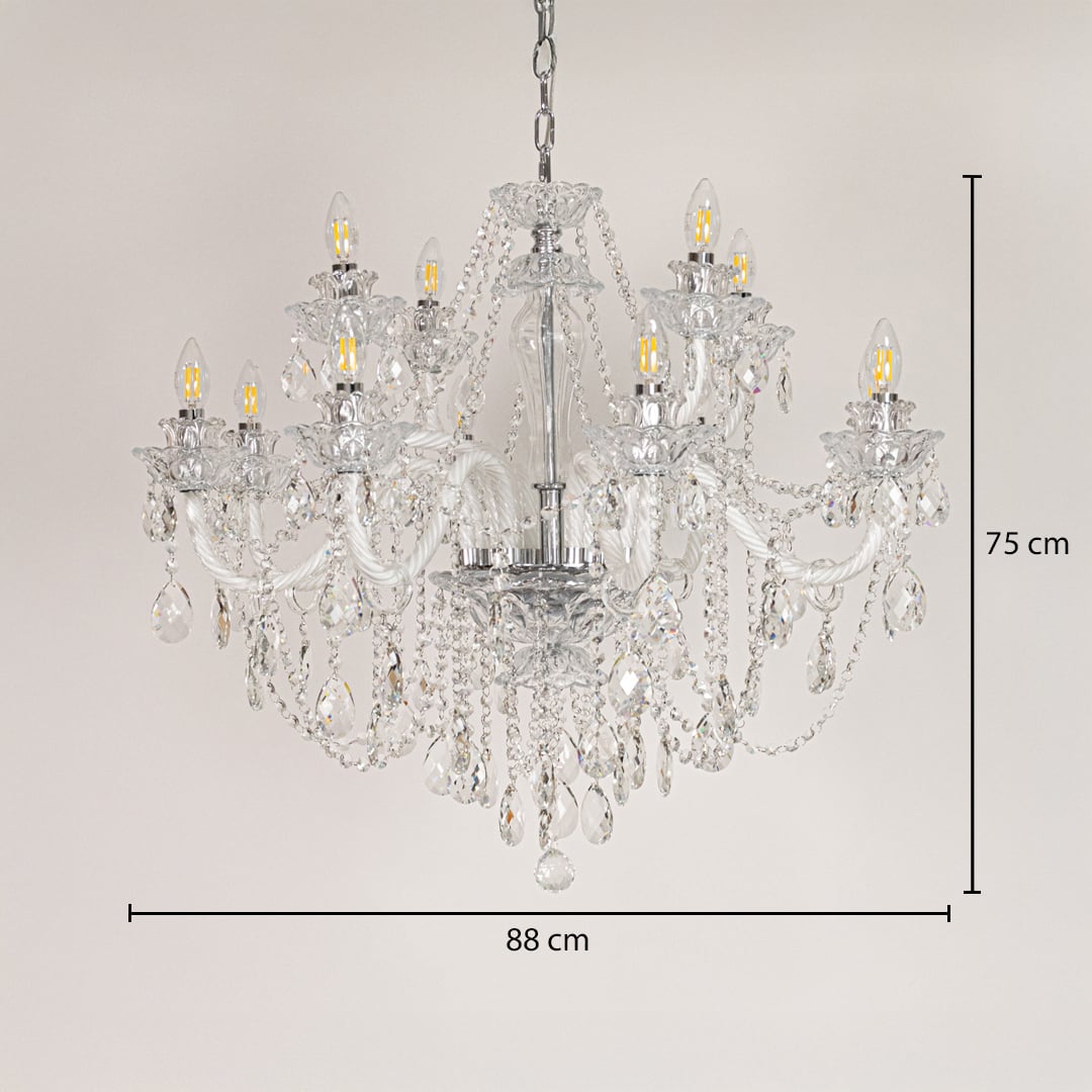 Large clear crystal chandelier sized 75 cm height and 88 cm width ideal for elegant living room or dining room ceiling lighting.
