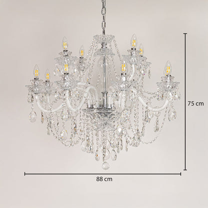 Large clear crystal chandelier sized 75 cm height and 88 cm width ideal for elegant living room or dining room ceiling lighting.